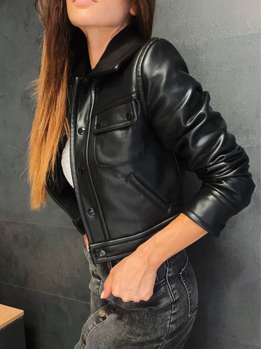 MANGO уникално дебело късо кожено яке с косъм