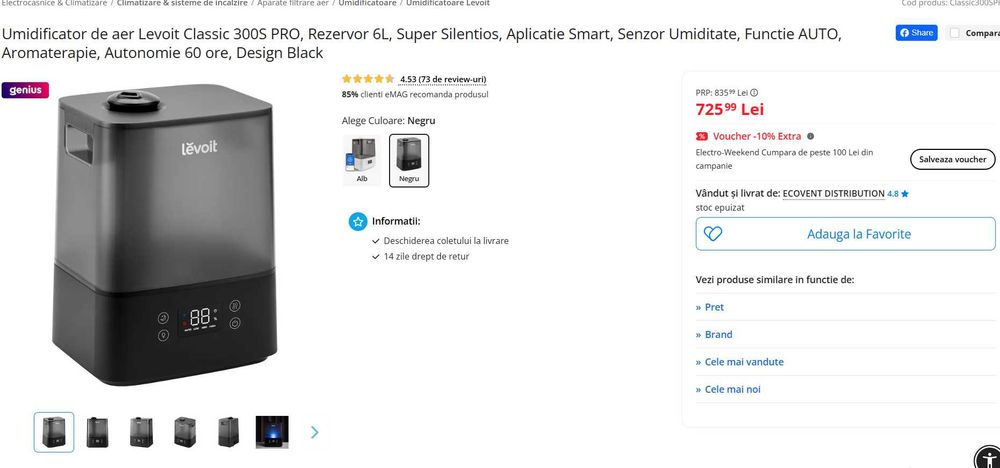 Umidificator de aer Levoit Classic 300S PRO, Rezervor 6L