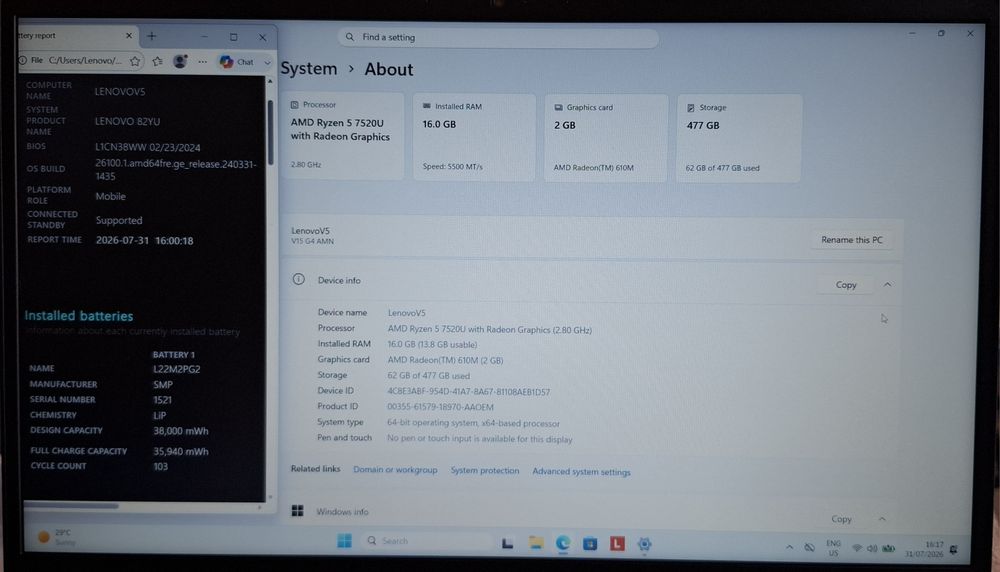 Lenovo V15 | Ryzen 7520 | 16GB DDR5 | 512 SSD | 610M 2GB