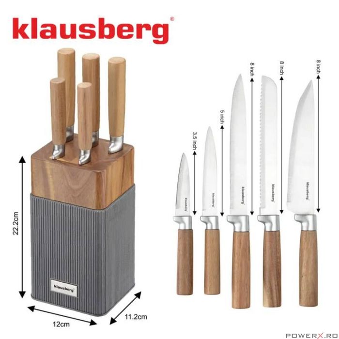 Set de cutite 6 piese, cu bloc de salcam, otel inoxidabil, Klausberg