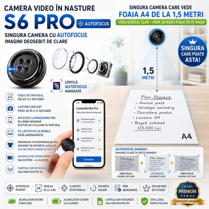 Casca de copiat - Casti pentru copiat: Camera Video in Nasture cu Autofocus | Nedetectabila - Fara Bluetooth