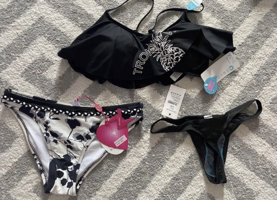 Costum baie, slip tanga S, sutien push-up bureti L(potrivit pt 80-85B)