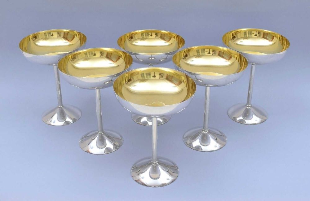 Set 6 Cupe Sampanie Argint Masiv Barcelona 768 grame Interior Aurit