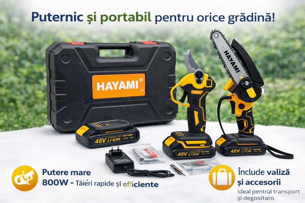 Set mini fierastrau lant + foarfeca electrica 48V Hayami
