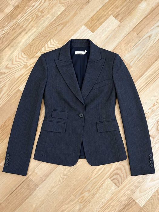 Costum damă Pinko S, sacou cambrat + pantaloni evazați, lână & viscoză, gri antracit