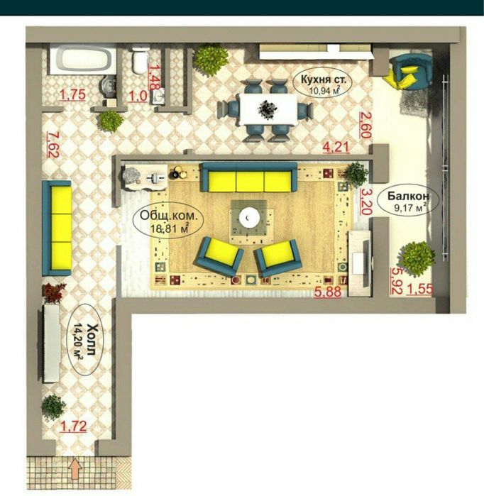 1 xona 2 xona qilingan 70 m2