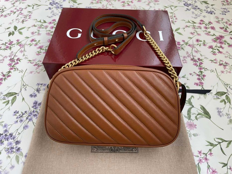 Оригинална Gucci Чанта Marmont Кафява Шеврон кожa Гучи Златно GG Лого и Аксесоари
