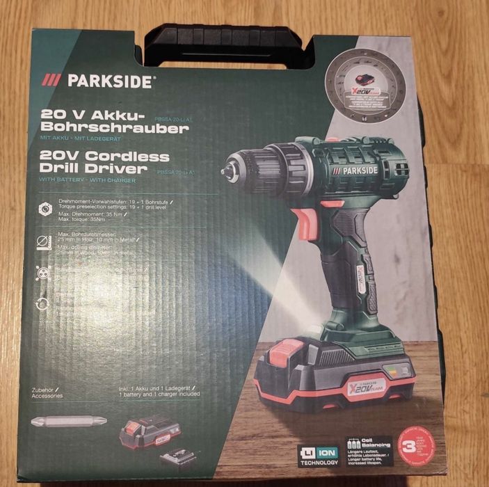 Bormașină Parkside + acumulator 2Ah + încărcător