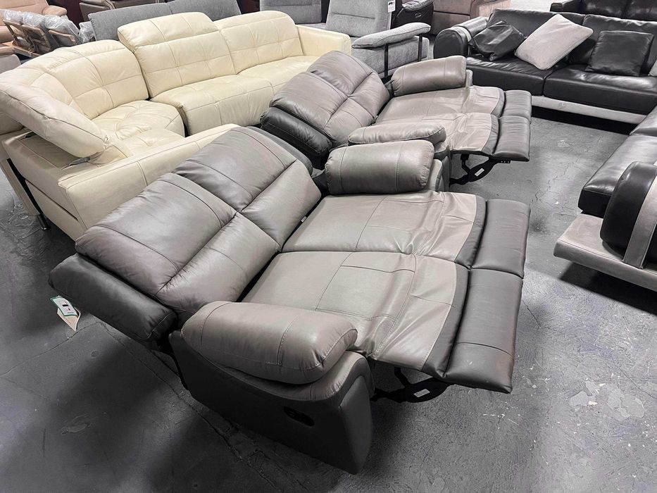 Двуцветни сиви кожени дивани две двойки "Pluto" с релаксиращ механизъм