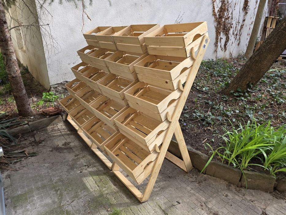 дървен стелаж за плодове и зеленчуци с 5 касетки