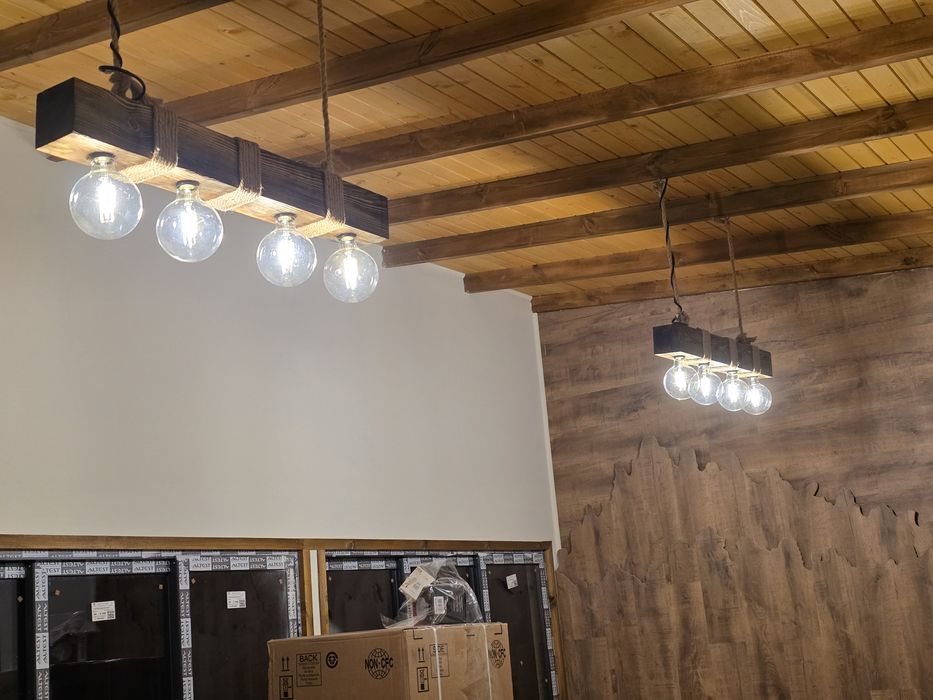 Ръчно изработен индустриален полилей от масивно дърво | LED Edison | Loft стил