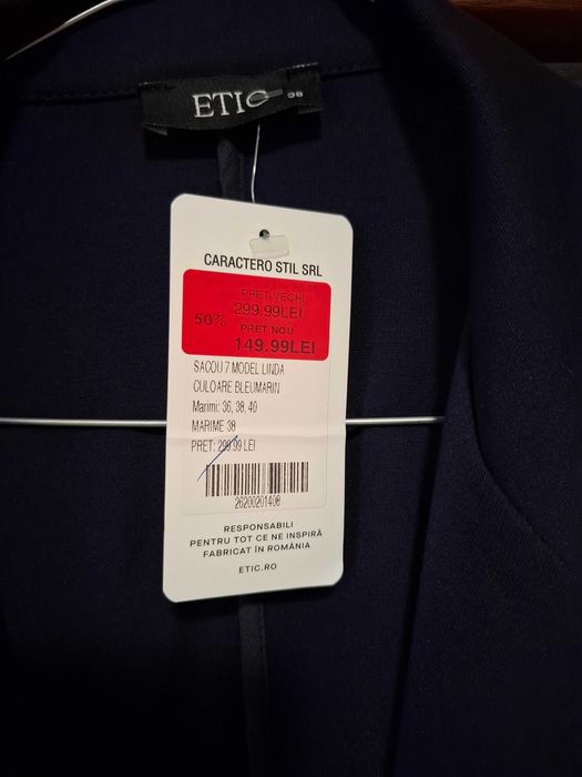 Sacou bleumarin nou cu etichetă material vâscoză mărimea M