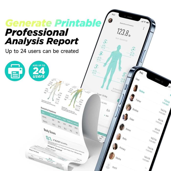 Cântar digital pentru baie cu 8 electrozi pentru greutate corporală și grăsime corporală, IMC, masă musculară și analiza a 28 de parametri corporali