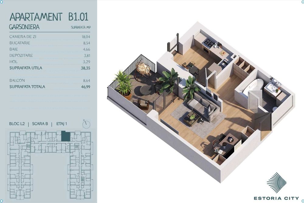 Garsonieră Estoria City, zona Pallady, 42mp