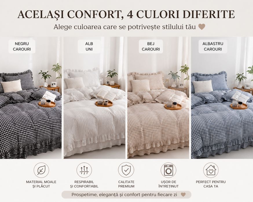 Set lenjerie de pat Gingham cu volane | Stil Cottage & Romantic