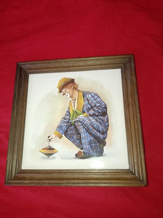 Set 2 Tablouri Vintage Ceramica - Clovni Circ - 18,5 cm - Rama Lemn - Anii 80
