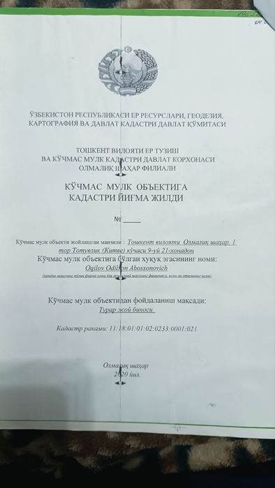 Uy sotiladi Olmaliq shahrida totuvlik 9dom 21 xonadon