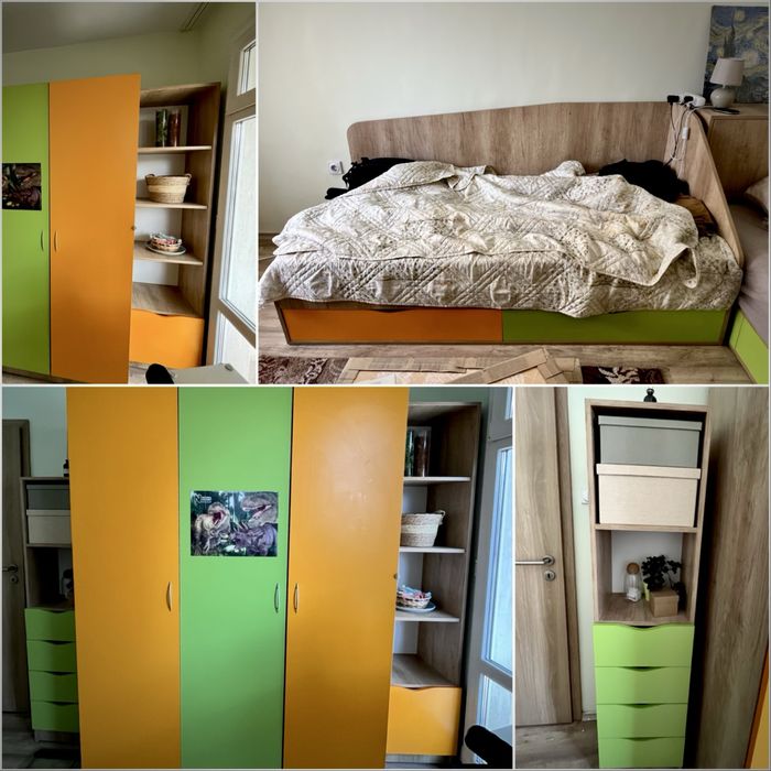 Обзавеждане за детска стая : гардероб , етажерки с чекмеджета и легло с матрак