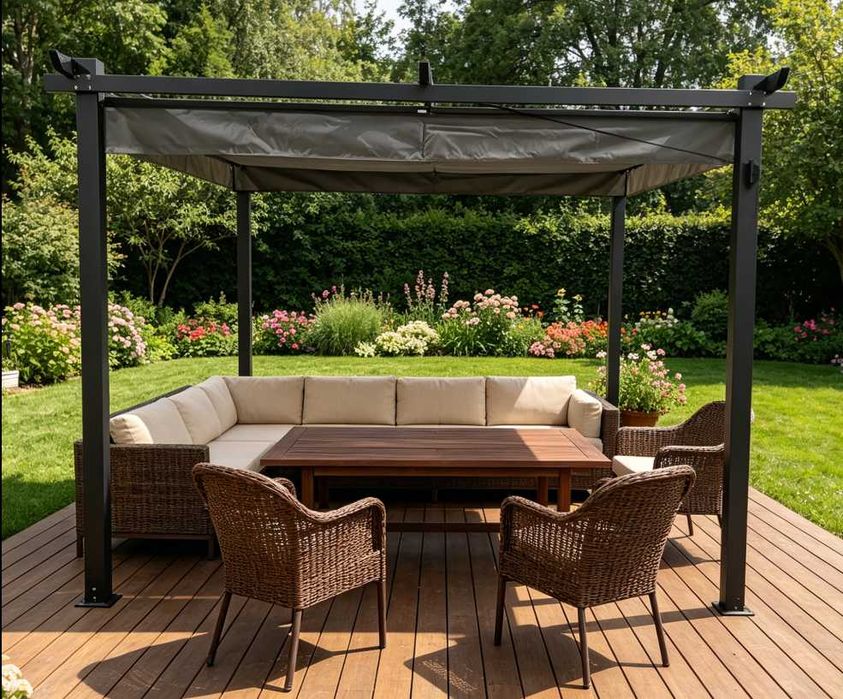 Pergolă Aluminiu cort 3×3 m cu Acoperiș Textil Retractabil, Cadru Metalic Vopsit în Câmp Electrostatic Model YS-1007-E