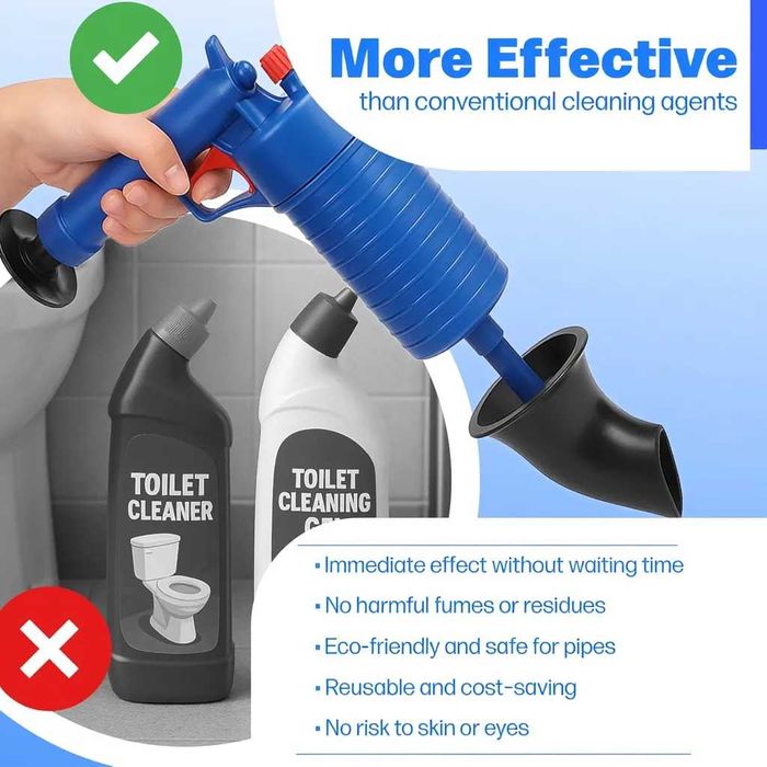 Pistol profesional cu presiune pentru desfundat tevi si WC 4 ventuze