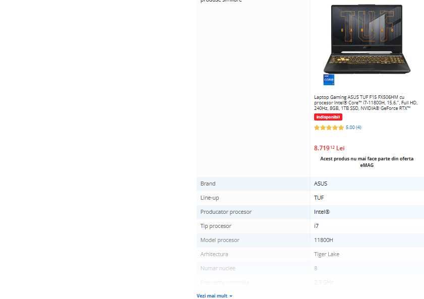 Laptop gaming ASUS TUF nou, intel core i7-11800H, video RTX 3060