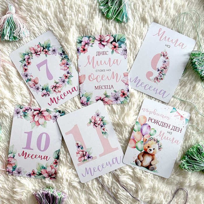 Персонализирани бебешки фото карти "Цветя и мечета" за момиче