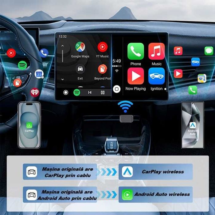 KM3 2 в 1 CarPlay и Android Auto безжичен адаптер iOS 10+ и Anд 11+