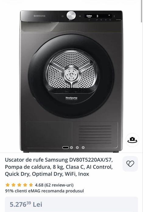 Uscator rufe Samsung, Garantie, 8kg, pompa de caldura, AI control, wifi