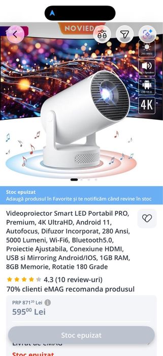 Video proiector Smart, Bluetooth, HDMi, UsB, mirrorig Android si Ios,