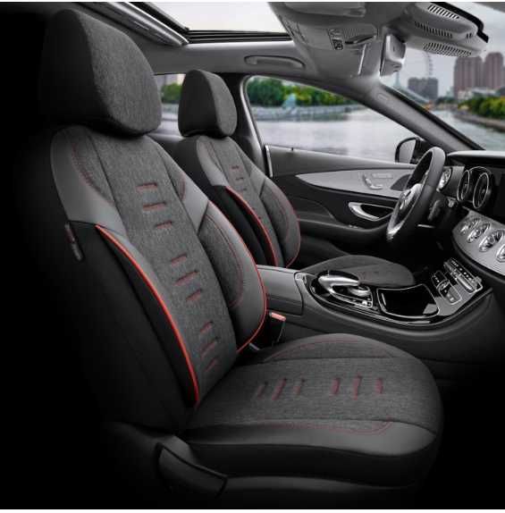 Луксозна тапицерия OTOM текстил с еко кожа THRONE Design – Черна с червен шев