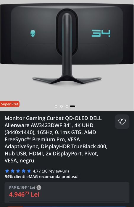 Monitor Gaming Alienware AW3423DWF – 34”, QD-OLED, 165Hz, 0.1ms, HDR