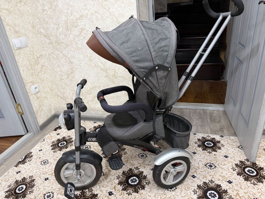 Детский трехколесный велосипед с ручкой (серый/стильный)