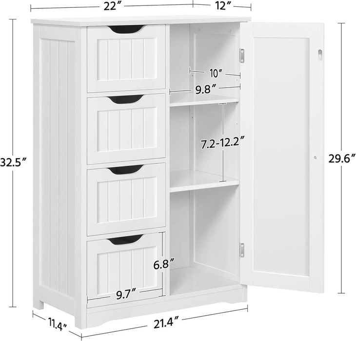 Дървен подов шкаф за баня Страничен с 4 чекмеджета, Свободностоящ  Бял