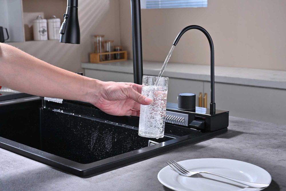 Черна гранитна мултифункционална кухненска мивка с двоен водопад