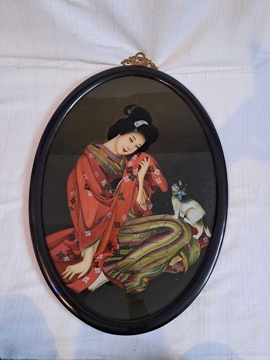 tablou asiatic vechi pictura sticla rama lemn 58,5/42,5 cm