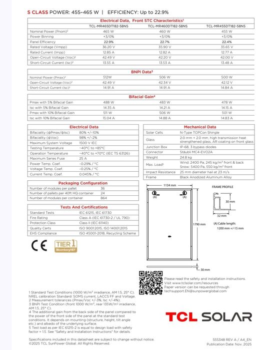 Panou fotovoltaic TCL SOLAR S Class-MR465DT182-58NS 465W TOPCon, N-Type, Bifacial