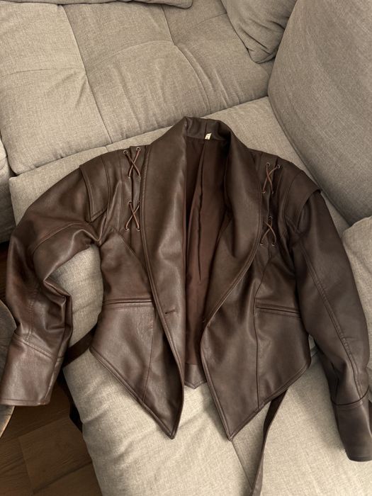 Geaca faux leather, maro, model cu snur marimea S