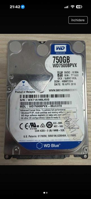 Hard disk laptop Western Digital 750GB  5400RPM SATA III 2.5"