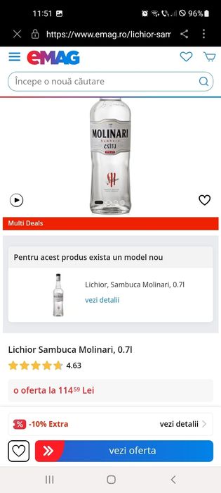 Vând urgent 2 sticle de lichior sambuca molnari  extra la  700.ml