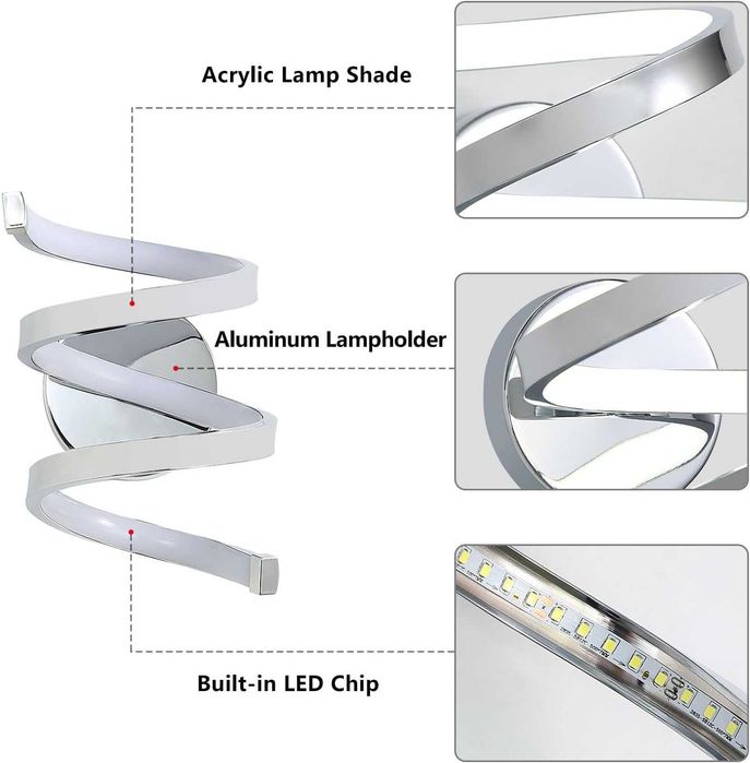 Спирална стенна лампа Lumiup, 6500K LED, сребърна