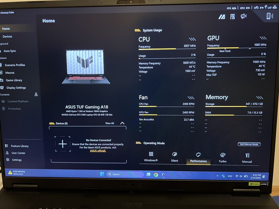 Vand Asus TUF A18, amd ryzen 7 260, Rtx 5060