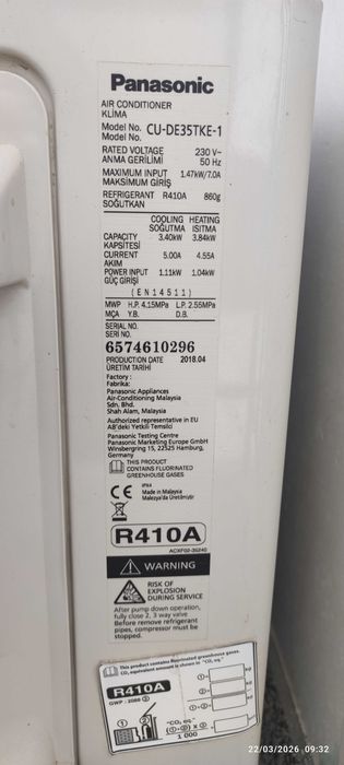Panasonic CS/CU-DE35TKE-1: Климатик за части
