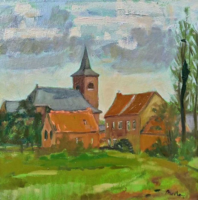 Tablou vechi - peisaj rural cu biserica - semnat Baba