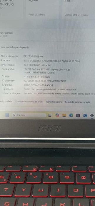 Vând Laptop Gaming MSI MS-16R5 – RTX 3050 / 32GB RAM / 3TB Stocare (Stare Excelentă)