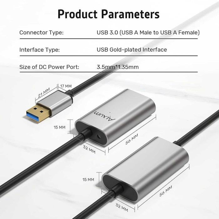 Alxum USB удължителен кабел 10m с 5V/2A захранващ адаптер