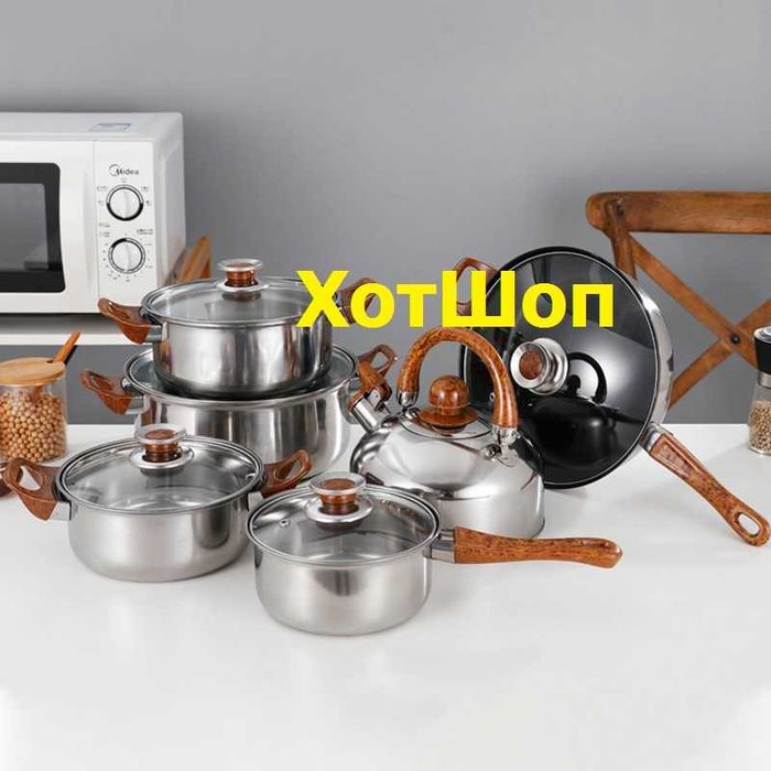 Комплект от 6 тенджери и тигани Golxmse, дебела неръждаема стомана, незалепващо покритие, съвместими с индукция, 12 части, сребристи