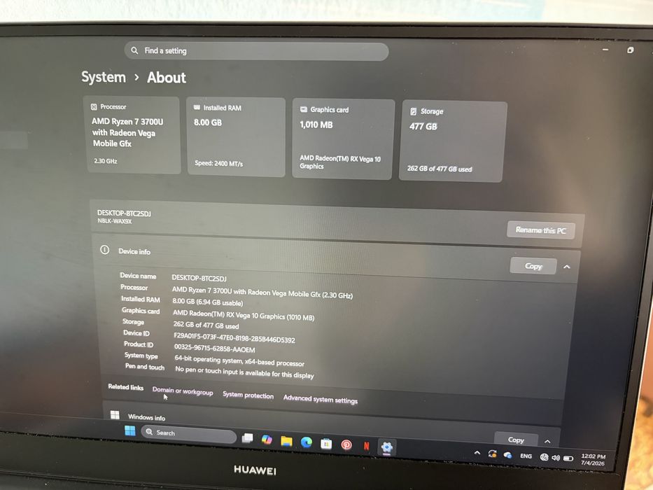 Лап топ huawei Ryzen 7, 8GB RAM,512 Gb SSD