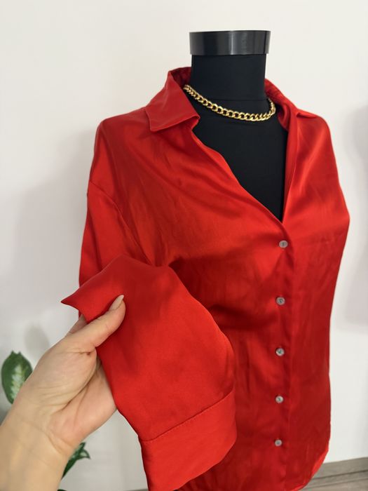 Camasa bluza rosie satin maneca lunga xs