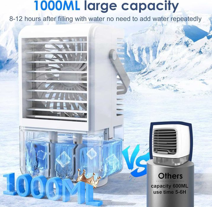 Преносим мини въздушен охладител 1000 ml с 3 скорости, USB-C захранване, таймер и 7-цветна LED светлина