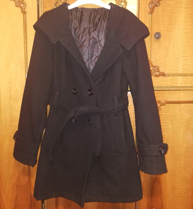 Palton negru elegant, cu cordon, M, de damă